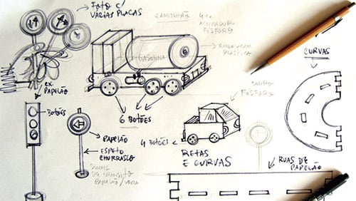 Rabisco de ideia para construir uma rua sinalizada e automóveis