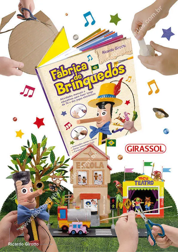 Livro Fábrica de Brinquedos de Ricardo Girotto. DIY Faça você mesmo seus próprios brinquedos. Aprenda como na fábrica de brinquedos. Um aliado ideal para trabalhar nas escolas! É supercolorido, com textos curtos, ilustrações e fotos detalhadas do passo a passo da construção dos brinquedos. São 12 brinquedos, inspirados em datas comemorativas. A sua feitura é acompanhada de informações e curiosidades sobre a data em questão. As páginas iniciais trazem texto e fotos explicativas sobre os materiais reciclados, os instrumentos e materiais de acabamento, dicas de pintura, papietagem, recorte, medição etc. Com este livro, a criança fantasia e brinca a partir de material reciclado. Tem a oportunidade de ver material do dia a dia de sua casa, que seria descartado como lixo, se transformar em brinquedos criativos e lúdicos: caixa vazia de sapato e pedaços de papelão que viram prédio de escola; embalagem de iogurte, detergente e rolinho de papel higiênico que viram bilboquê; pote de sorvete e tampas de achocolatado que se convertem em carrinho de mão! Ilustrações e projetos gráficos para jornais, livros e revistas.