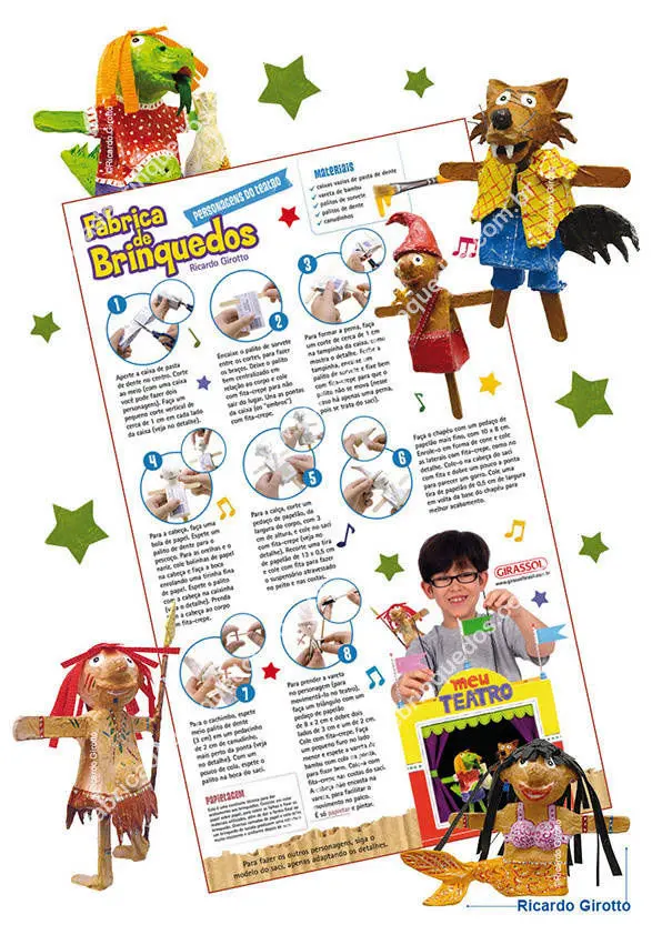 Livro Fábrica de Brinquedos de Ricardo Girotto. DIY Faça você mesmo seus próprios brinquedos. Aprenda como na fábrica de brinquedos. Um aliado ideal para trabalhar nas escolas! É supercolorido, com textos curtos, ilustrações e fotos detalhadas do passo a passo da construção dos brinquedos. São 12 brinquedos, inspirados em datas comemorativas. A sua feitura é acompanhada de informações e curiosidades sobre a data em questão. As páginas iniciais trazem texto e fotos explicativas sobre os materiais reciclados, os instrumentos e materiais de acabamento, dicas de pintura, papietagem, recorte, medição etc. Com este livro, a criança fantasia e brinca a partir de material reciclado. Tem a oportunidade de ver material do dia a dia de sua casa, que seria descartado como lixo, se transformar em brinquedos criativos e lúdicos: caixa vazia de sapato e pedaços de papelão que viram prédio de escola; embalagem de iogurte, detergente e rolinho de papel higiênico que viram bilboquê; pote de sorvete e tampas de achocolatado que se convertem em carrinho de mão! Ilustrações e projetos gráficos para jornais, livros e revistas.